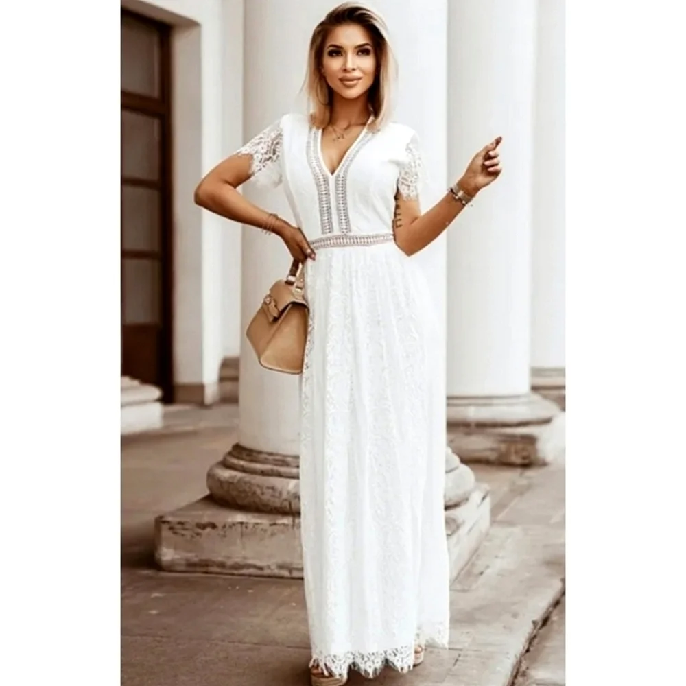 LAST ONE! White Lace Boho V Neck Maxi Dress - Picture 1 of 7